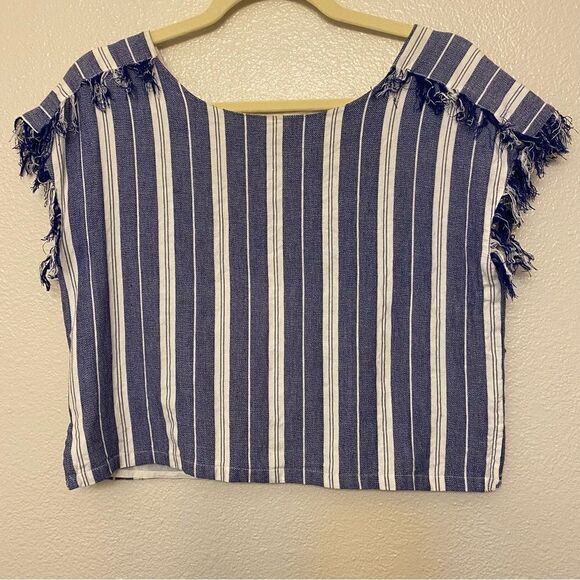 Tularose Revolve blue stripe frayed shirt blouse short sleeve crop coastal top S - Picture 2 of 8